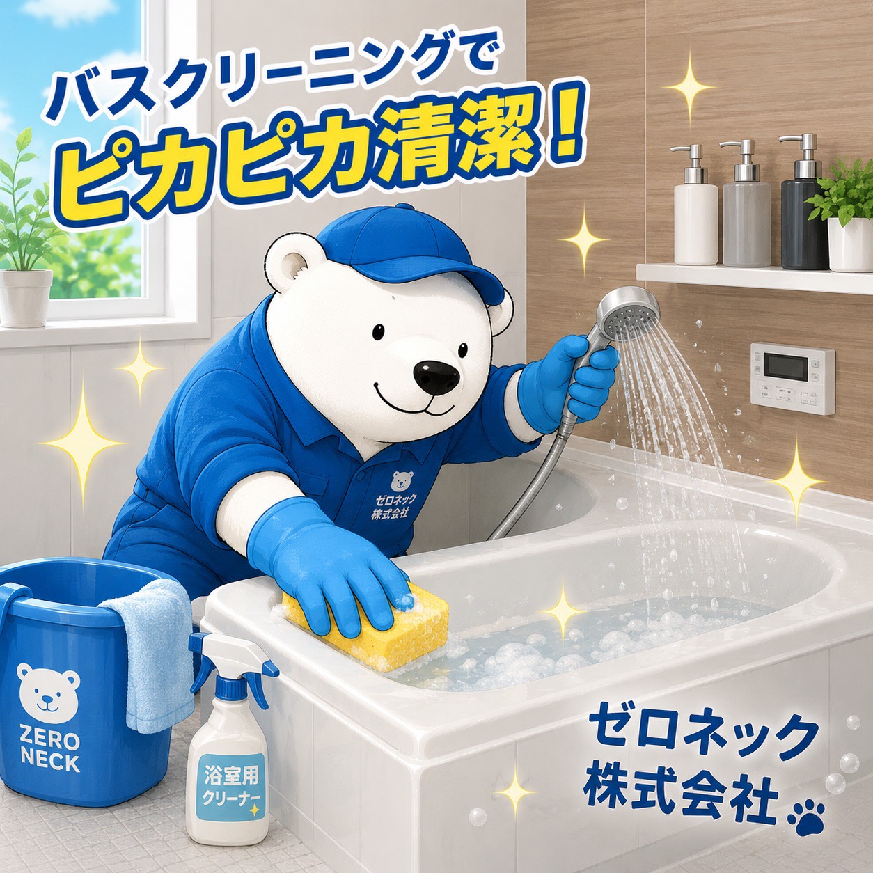 浴室を清掃する白いクマのキャラクター